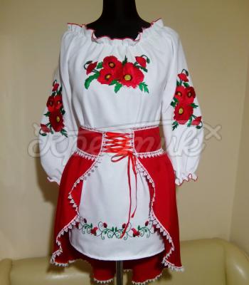 Платье вышиванка на девочку с красной юбкой "Маки" фото