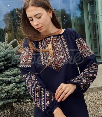 Темно-синяя женская вышиванка на шифоне "Сабина" украинский дизайн