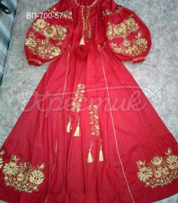 Червона сукня бохо на льоні "Золоті квіти" фото