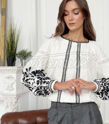 Біла блуза з візерунком "Папороть"  українська блуза