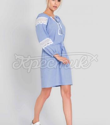  Блакитна сукня на льоні з мереживом купити