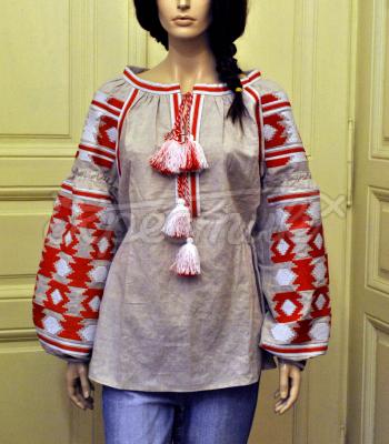Женская вышиванка на льне "Медиана" с красной вышивкой