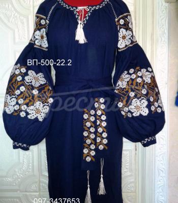 Вышитое платье бохо на льне "Цветочный вальс" темно-синее