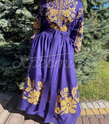 Фиолетовое вышитое платье "Золотая настурция" купить платье