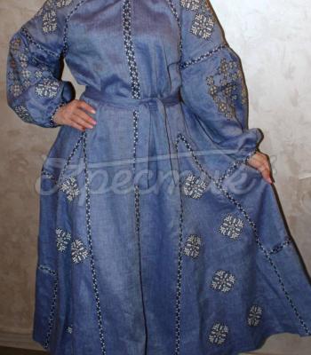 Синее вышитое платье "Анисия" купить льняное платье