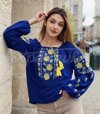 Патріотична синя вишиванка "Жовта троянда" купити блузку Київ