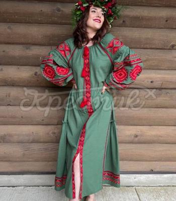 Зеленое платье для женщины "Удивленная весна" купить вышитое платье Львов