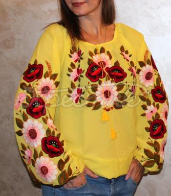 Женская желтая блузка "Цветочное эхо" купить блузку вышиванку