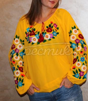 Вышитая женская желтая блузка "Красочный сад" купить блузку ручной работы