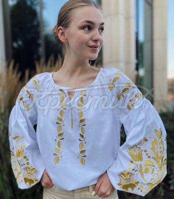 Белая женская вышиванка "Золотая Жар-птица" купить блузку бохо