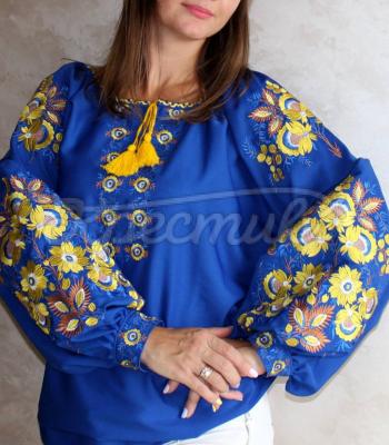 Синяя женская вышиванка с петриковской росписью "Баллада" купить блузку бохо