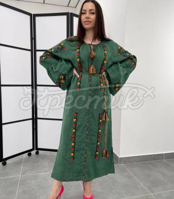 Зеленое платье вышитое на льняной ткани "Сангай" купить платье вышиванку