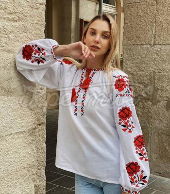 Українська вишита блуза "Біанка" з червоними ружами біла вишиванка