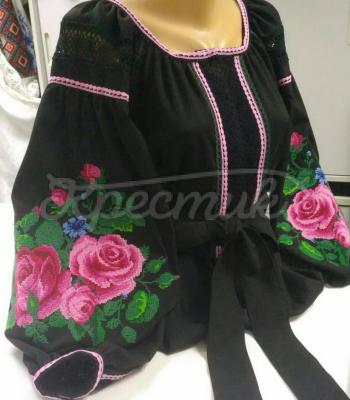 Женская вышиванка черная на льне "Розелина" фото