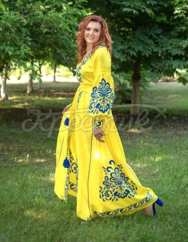 Желтое вышитое платье бохо "Цветочный лабиринт" купить