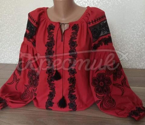 Красная женская вышиванка с ришелье "Помпея" купить блузку Харьков