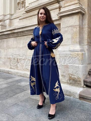 Неймовірна синя сукня з золотими ластівками "Беата" український дизайн