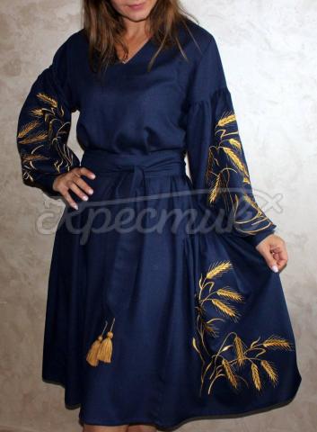 Черное вышитое платье с колосьями золото "Щедрая нива" купить платье бохо