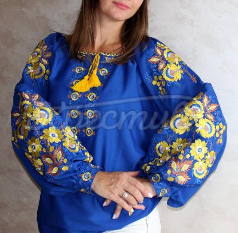 Синя жіноча вишиванка з петриківським розписом "Балада" купити блузку бохо
