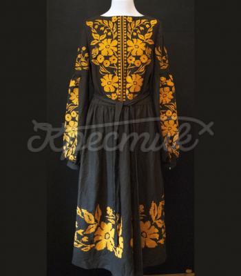 Стильное платье бохо на льне "Настурция" черное