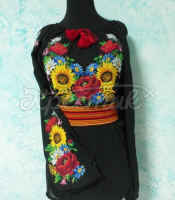 Черная женская вышиванка-туника с подсолнухами и маками