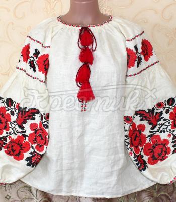 Вышитая женская блузка на льне молочного цвета "Маки" фото
