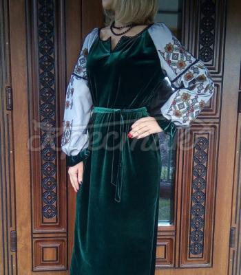 Зеленое велюровое платье вышиванка "Кая" в интернет-магазине вышиванок