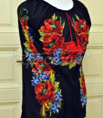 Женская вышиванка на черном шифоне "Букет цветов" фото