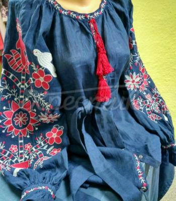 Женская вышитая блузка Бохо синяя фото