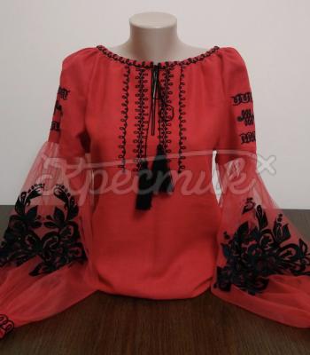 Красная блуза с черной вышивкой "Николь" фото