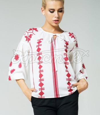 Легка біла блуза "Червоні візерунки" фото