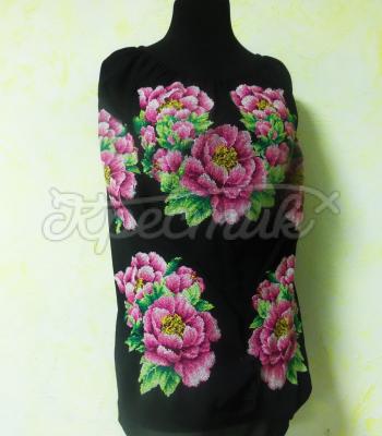 Женская вышиванка на шифоне "Розовые пионы" черного цвета