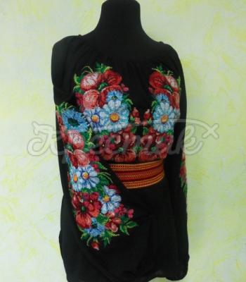 Женская вышиванка шифоновая "Цветочное наслаждение" черного цвета