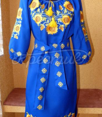 Синее украинское платье с желтыми подсолнухами купить Киев