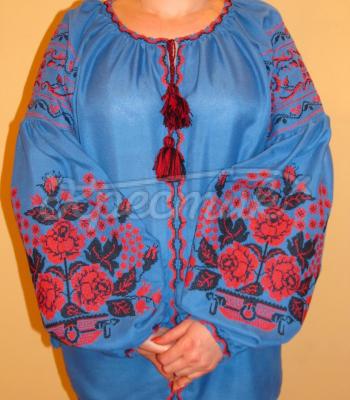 Синяя женская вышиванка "Дерево роз" фото Крестик Киев