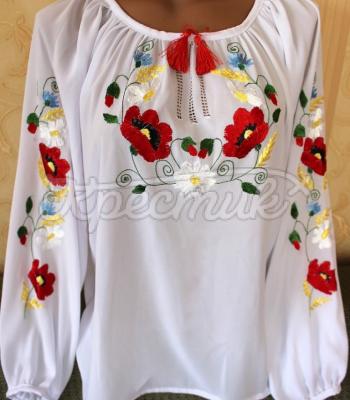 Белая блузка вышиванка цветочная на шифоне