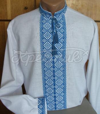 Белая мужская вышиванка с голубой вышивкой заказать