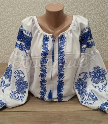 Вышиванка белая с ришелье "Синяя сеть" купить блузку бохо