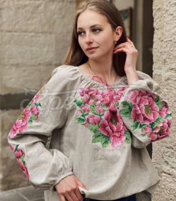 Біла вишита блузка "Рожева півонія" український виробник