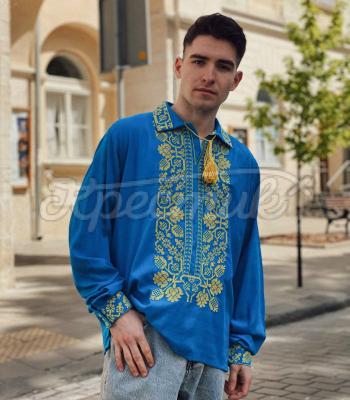 Голубая мужская вышиванка «Патриотический дуб» украинский бренд