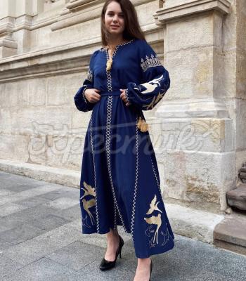 Неймовірна синя сукня з золотими ластівками "Беата" український дизайн