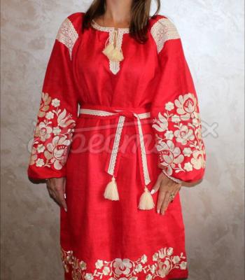 Красное платье вышиванка на льняной ткани "Линда" купить вышитое платье бохо