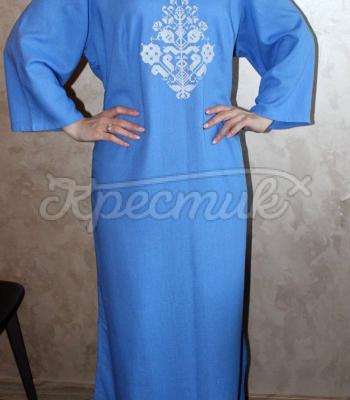 Классическое длинное вышитое платье голубое "Зара" купить платье бохо