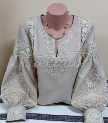 Бежевая женская вышиванка праздничная "Фелисия" купить блузку Киев