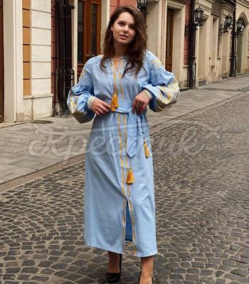 Стильна довга сукня з колосками блакитна "Арета" купити сукню для жінки
