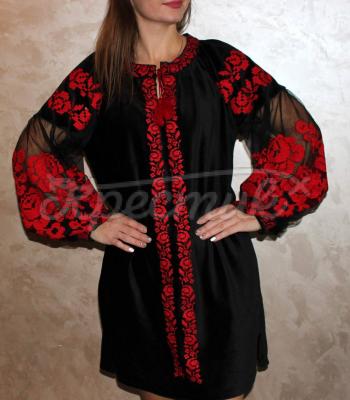 Черное платье вышиванка короткое велюровое "Розовый джем" купить платье Киев