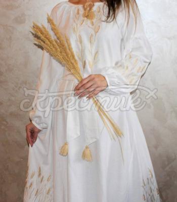 Стильное вышитое платье белое с колосьями "Пшеничная роса" купить платье для женщины