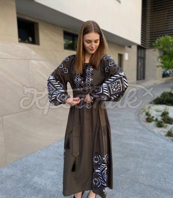 Изысканное вышитое платье бохо цвет хаки "Тамерлана" купить вышитое платье