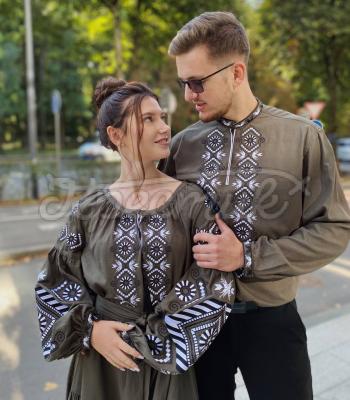 Парні вишиванки хакі «Венеціанська спека»купити зелені вишиванки сімейні 