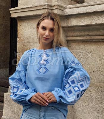 Жіноча вишиванка льняна "Малаві" блакитна з ромбами купити Київ